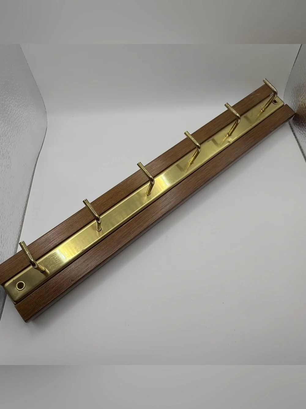 Vintage Wood and Brass 6 Hook Wall Rack - Brown and Gold sliding mount